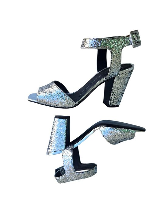 Giuseppe Zanotti Shoes - Giuseppe Zanotti Design Silver Glitter Block Heel Strap Sandal Italy EU40 /US 9